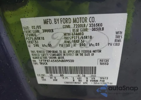 2005 Ford F-150 Fx4/Lariat/Xl/Xlt z USA, uszkodzony, nr VIN 1FTPX145X5NB09520